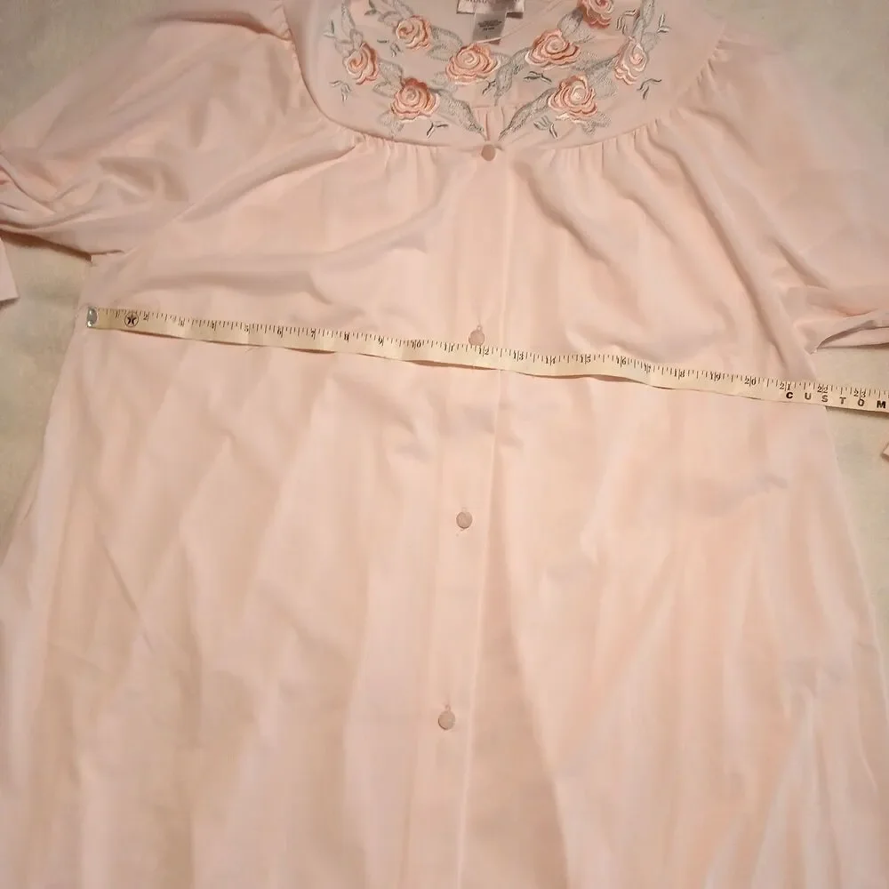Vtg Shadowline Pink Nightgown & Robe Women’s Embroidery Trim Floral Nylon Size L